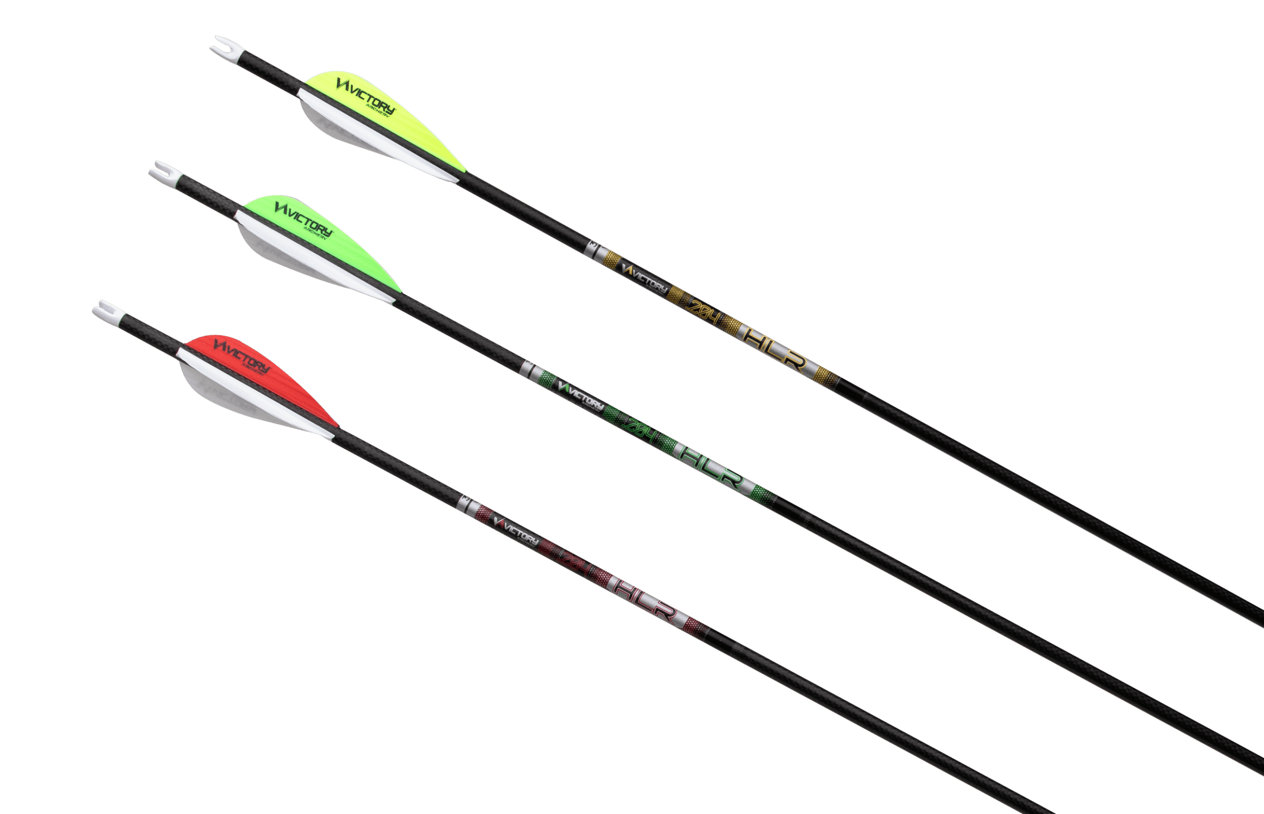 A professional product photograph of a Victory HLR arrow, positioned at an angle to highlight the sleek carbon shaft and the high-performance branding.