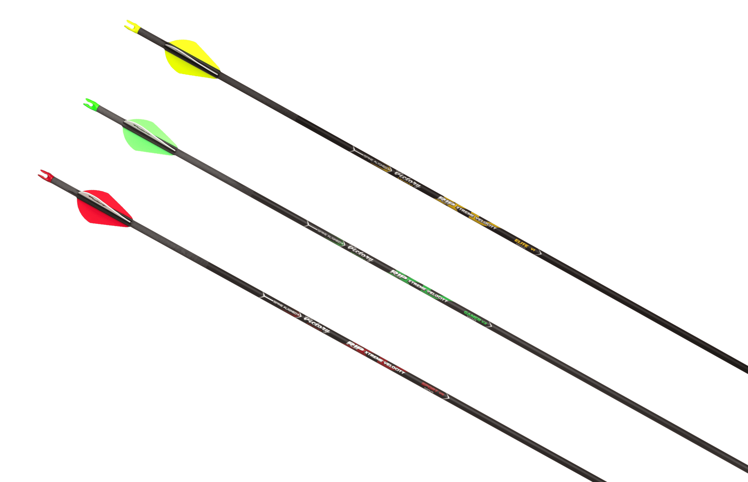 Angled view of a RIP XV extreme velocity hunting arrow shaft with precision branding by Victory Archery.