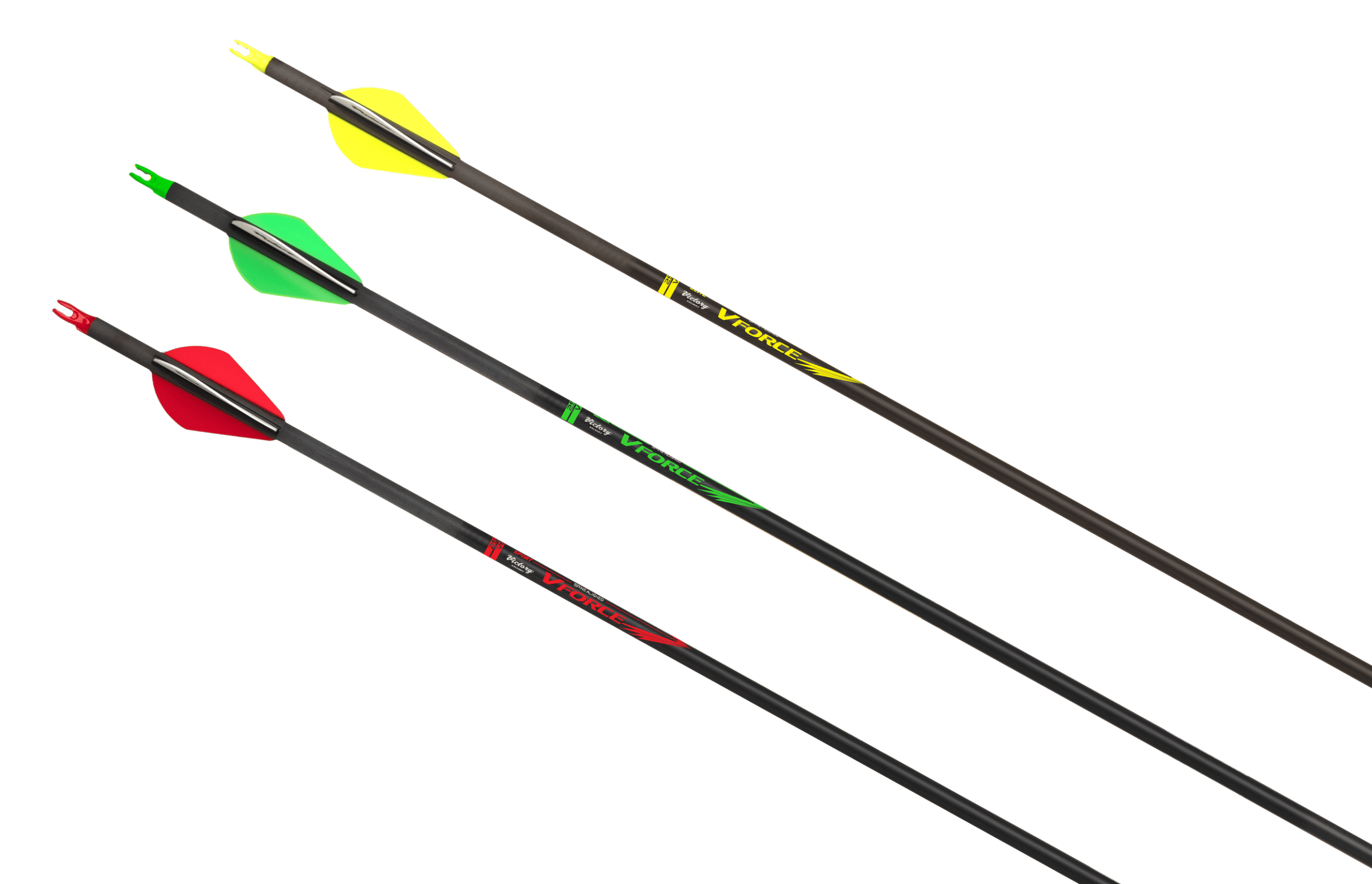 A professional studio shot of a Victory V-Force arrow, positioned at an angle to showcase the standard diameter carbon shaft and high-contrast branding.