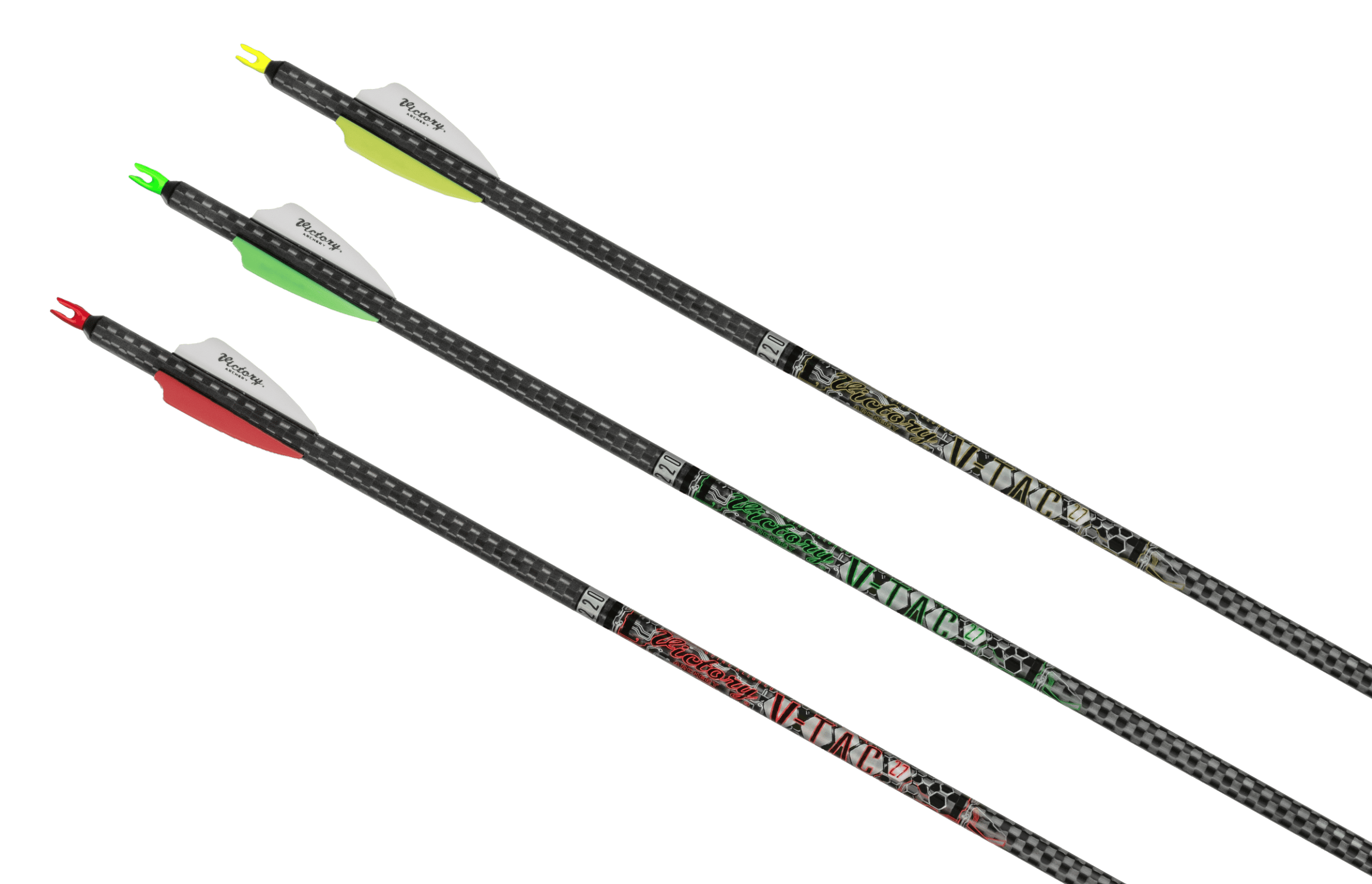 V-Tac 27 target arrow shaft at an angled profile, engineered by Victory Archery for maximum line-cutting in indoor competitions.